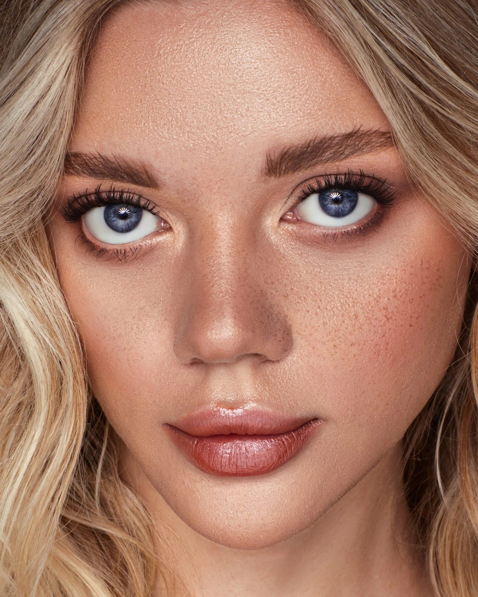 Beauty close-up, natural freckles, soft daylight